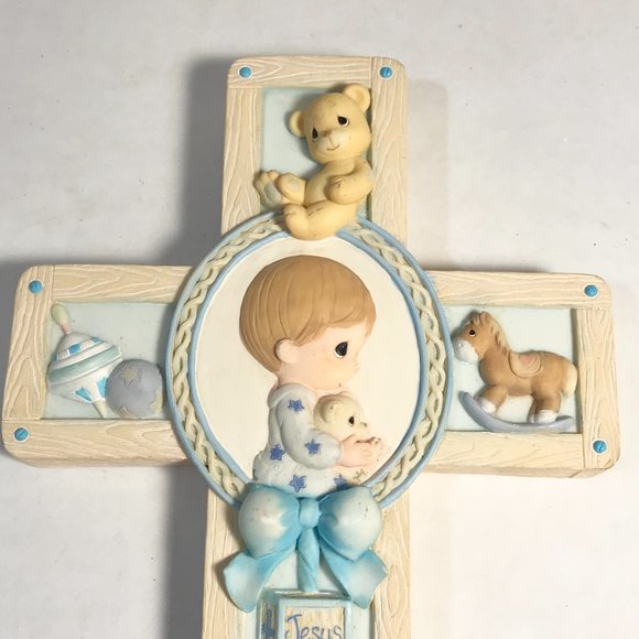 Vintage Baby Boy Cross Jesus Loves Me Precious Moments 8 x 5" Teddy Bear Blue - Picture 6 of 16